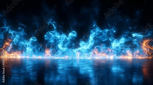 Fototapeta Electric blue flames dancing against black background, creating mystical fire wall effect with ethereal glow and supernatural atmosphere on reflective surface.