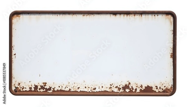 Obraz A vintage rectangular metal sign featuring a blank white center, framed by visible rust and wear.