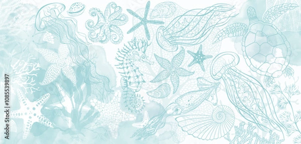 Fototapeta  Pre-made design with  sea creatures and blue watercolor splashes. Vector layout decorative greeting card or invitation design background. 