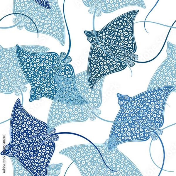 Fototapeta Spotted Eagle Ray, underwater stingray giant ocean animals. Seamless vector pattern with  colored sea ​​creatures. Sea cartoon stylish background.  Perfect for wallpaper, wrapping, fabric, print 