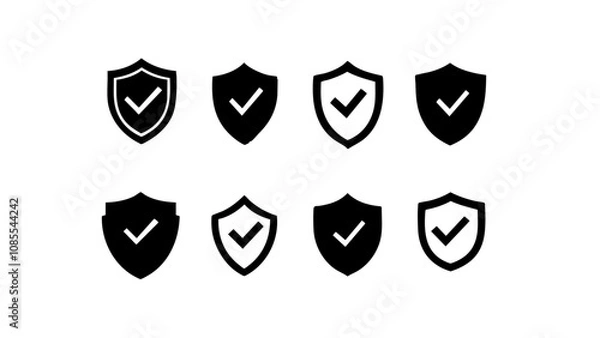 Fototapeta A set of minimalist security shield icons featuring check marks