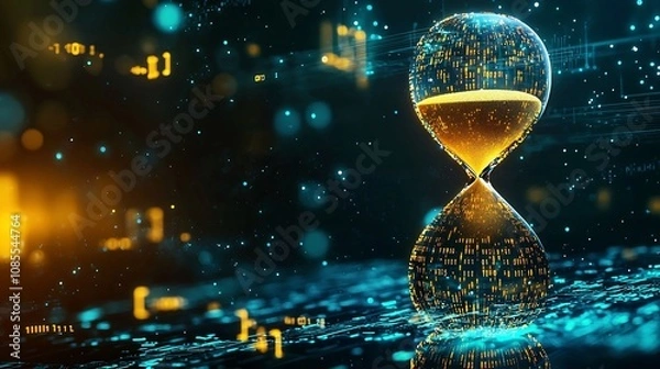 Fototapeta Pixelated Hourglass Icon Floating in Futuristic Cyberspace with Digital Sand of Binary Code