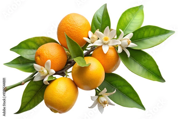 Obraz Citrus aurantium with blossom and fruits branch isolated on transparent background, png file.