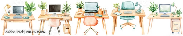 Fototapeta Watercolor of furniture collection. A collection of stylish desks featuring computers, plants, and office supplies, showcasing modern workspace designs.
