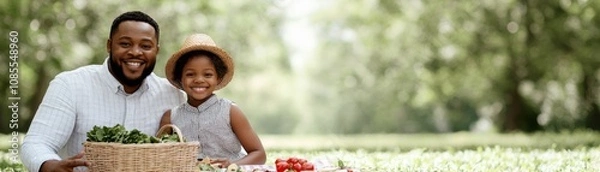 Fototapeta A joyful father and daughter smile while holding a basket of fresh vegetables in a sunlit field, celebrating family and nature's bounty.
