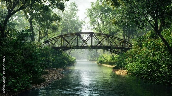 Fototapeta Old Iron Bridge Surrounded by Lush Greenery
