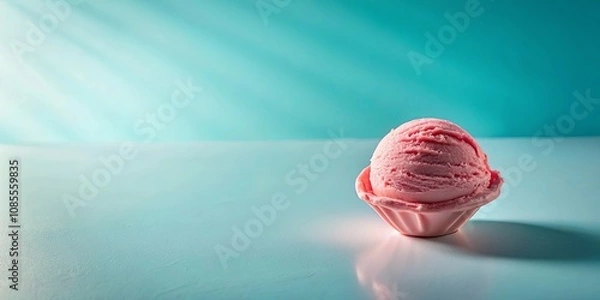 Fototapeta A single scoop of pink ice cream, a refreshing summer treat, nestled in a waffle cone, sits on a light blue table against a soft blue background with sun rays beaming down.