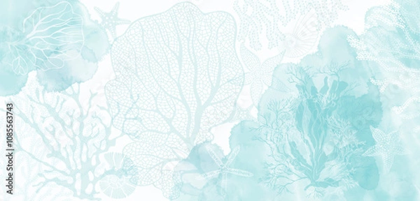 Fototapeta Luxury invitation card background on a marine theme with underwater plants, corals, starfish and with watercolor splashes.  Abstract art background, cover template. Vector design with space for text.