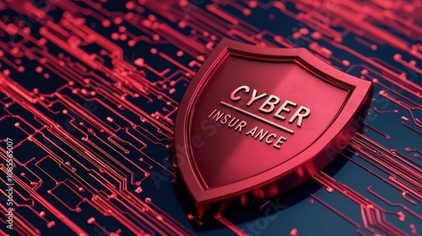 Fototapeta A sleek red shield with "CYBER INSURANCE" prominently displayed, set against a digital circuit background, symbolizing protection in the cyber realm.