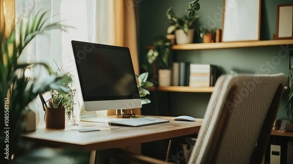 Fototapeta Stylish Ergonomic Home Office with Sleek Desk Setup