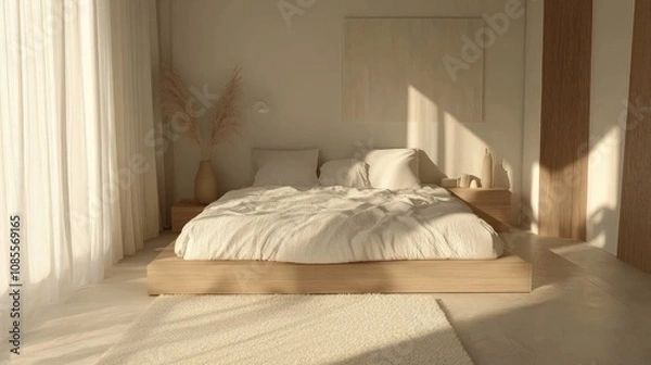 Fototapeta Serene Minimalist Bedroom with Natural Light, Soft Textures, and Neutral Tones in a Calm, Contemporary Space for Modern Living