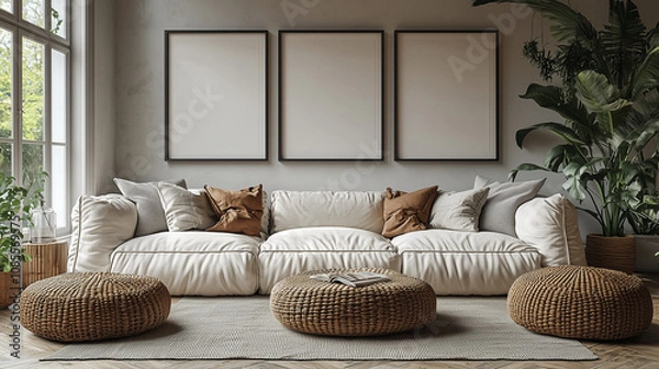 Obraz Modern Living Room Mockup: Three vertical frames above a plush cream sofa with earthy tones, creating a cozy and stylish interior design. Perfect for showcasing artwork or product designs. 