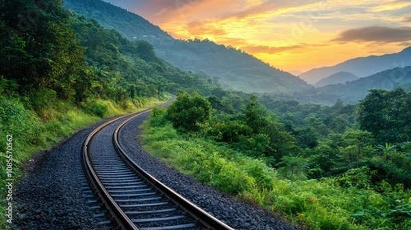Fototapeta Winding Scenic Railway Track in Lush Mountains