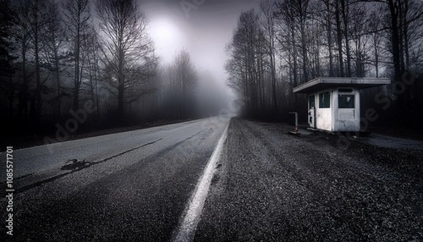 Fototapeta Abandoned old gas station on foggy forest road