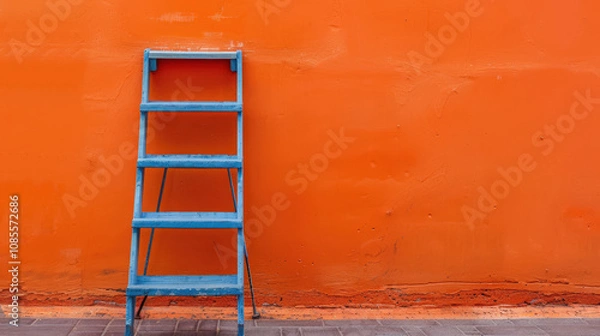 Fototapeta blue ladder in front of orange wall