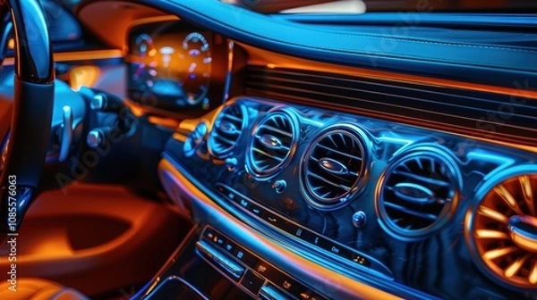Fototapeta Sleek Modern Car Interior with LED-Lit Dashboard and Advanced Climate Control System