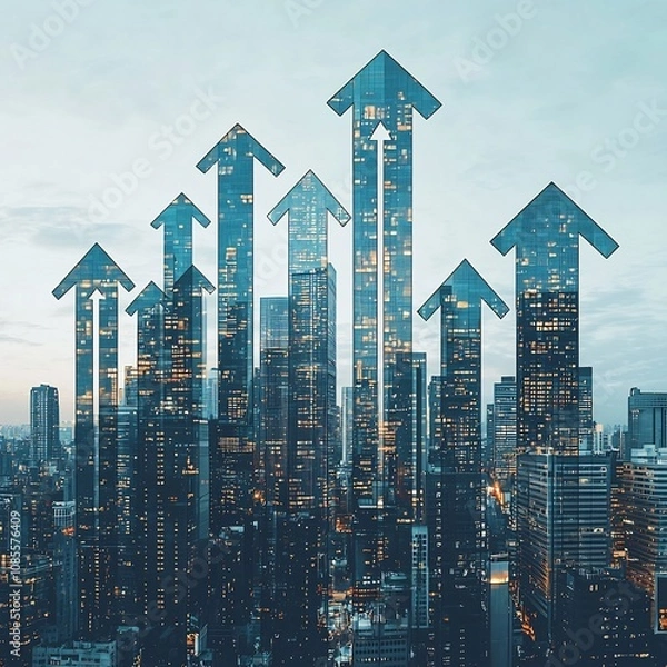 Fototapeta Skyscraper Arrows Symbolizing Business Success and Expansion in City Skyline