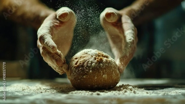 Fototapeta Raw wheat dough in a rough ball shape on a floured table, hands sprinkling more flour onto it.