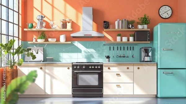 Fototapeta Modern Kitchen with Open Shelving and Bright Colors