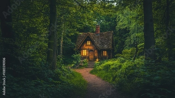 Fototapeta Enchanted Cabin in a Lush Forest Pathway