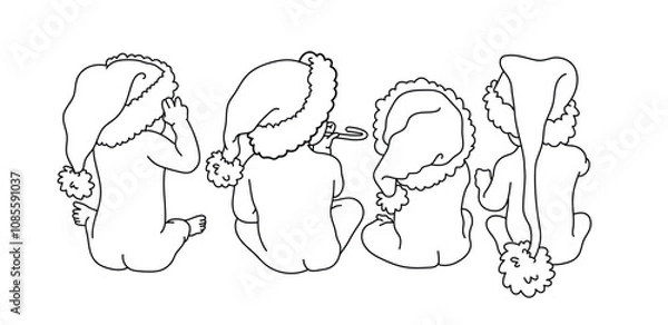 Fototapeta Collection babys with santa hat sitting together , cute christmas babys clip art line art