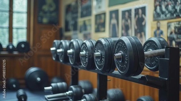 Obraz Weightlifting equipment in a gym setting.