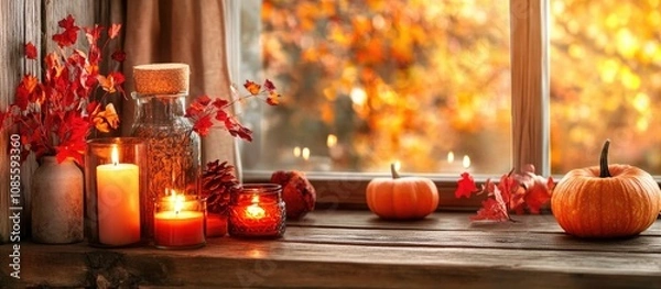 Fototapeta Cozy arrangement of burning candles on a wooden table enhancing autumn ambiance in a comfortable home decor setting