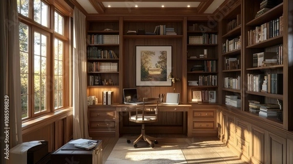 Fototapeta Cozy Craftsman Style Study with Built-In Desks