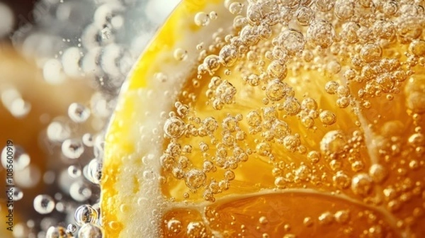 Fototapeta Close-Up of Lemon Slice with Bubbles