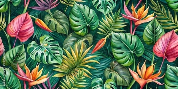 Fototapeta A Lush Tropical Watercolor Pattern with Vibrant Green Leaves and Orange Bird of Paradise Flowers