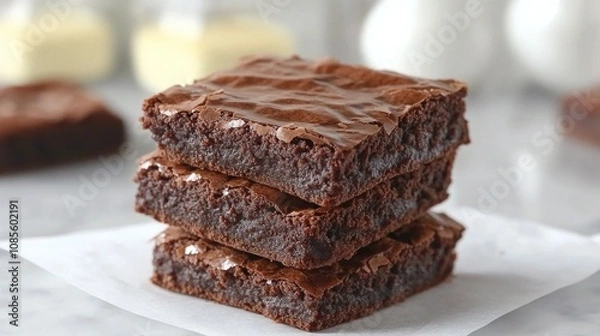 Obraz Decadent Chocolate Brownies Stacked on Parchment Paper with a Soft, Fudgy Texture Perfect for Dessert Lovers and Baking Enthusiasts