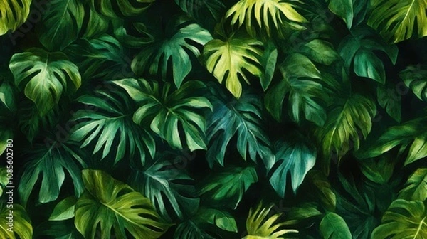 Fototapeta Seamless watercolor pattern of hand painted tropical leaves in a dense jungle ideal for background or textile design