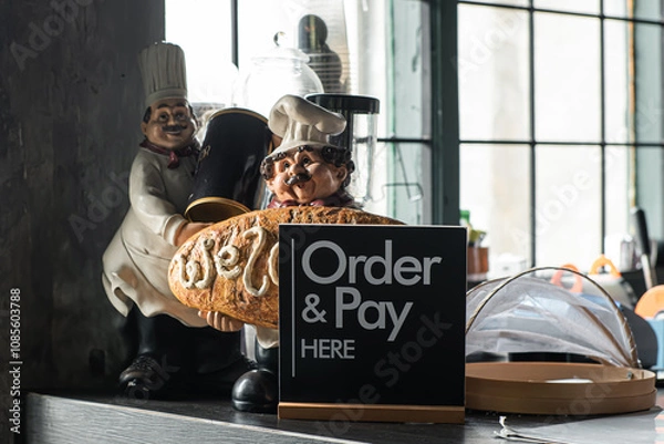 Fototapeta "Order and Pay Here" information board explaining that at this location, customers can order food and drinks and pay for orders