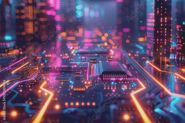 Fototapeta Futuristic advanced technology in bright colors Data flows through the microchip and motherboard.