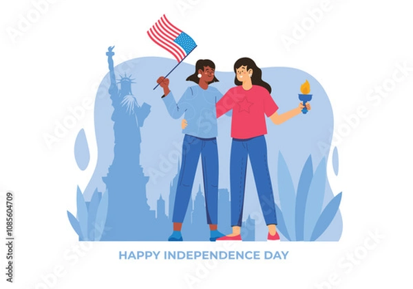 Fototapeta Two women celebrating Independence Day with a flag and torch. The Statue of Liberty is seen in the background. Vector illustration