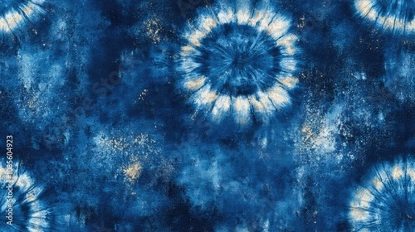 Fototapeta Seamless indigo tie dye pattern featuring a patina effect with watercolor splashes perfect for fabric design and retro illustrations