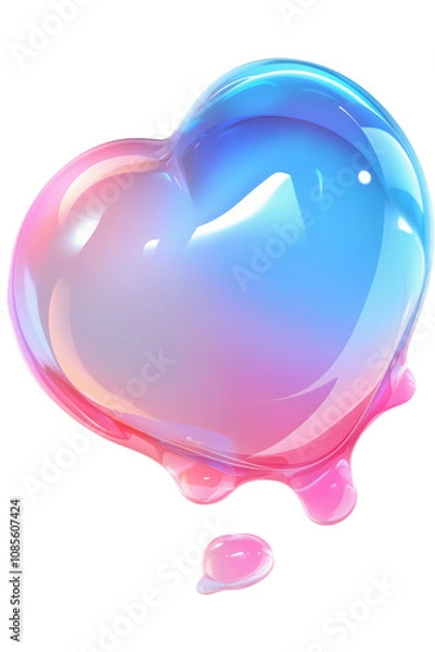 Fototapeta Glossy heart-shaped bubble with a gradient of pink, blue, and purple tones, featuring dripping details, reflecting light and creating a vibrant, artistic design, isolated on a transparent background