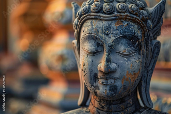 Fototapeta Greeting card with ancient statue great Buddha on holiday composition