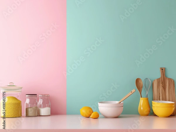 Fototapeta soft pastel kitchen counter features colorful ingredients and utensils, creating cheerful and inviting atmosphere. pink and turquoise walls enhance vibrant display