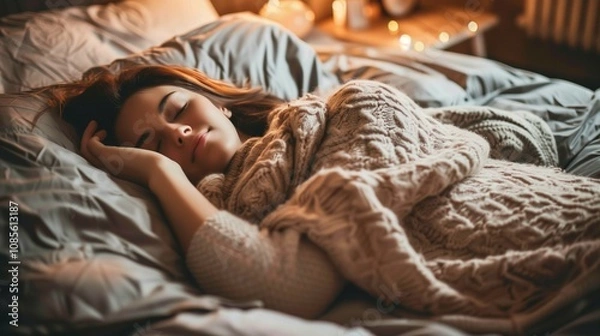 Fototapeta Person lying peacefully in bed under cozy blanket, eyes closed, with serene expression, promoting tranquility and good sleeping habits.