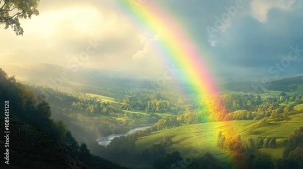 Fototapeta Scenic Rainbow Over Lush Green Valley with Blue Sky and Soft Clouds, Illuminating Serene Landscape in Nature's Embrace During Daylight