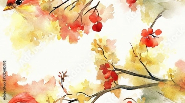 Fototapeta Seamless pattern featuring a wild bird perched on a branch hand painted in vibrant red and yellow watercolor ideal for textile design and decor