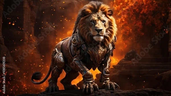 Obraz A majestic lion in armor stands in front of a fiery background.