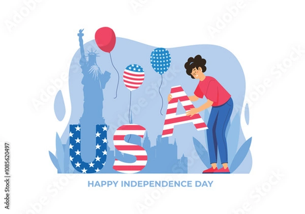 Fototapeta A festive illustration depicting a person decorating the word USA with stars and stripes alongside balloons and the Statue of Liberty. Vector illustration