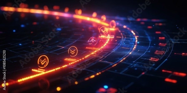 Fototapeta Innovative timeline chart with glowing pathways and digital markers, advanced tech design,