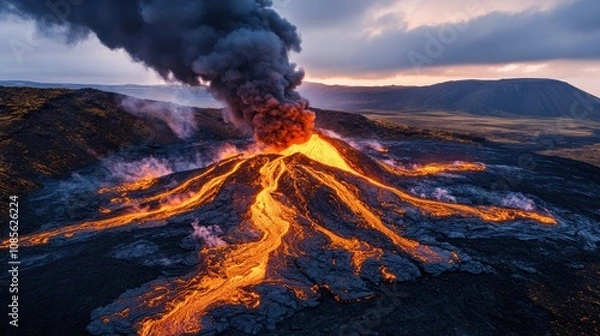 Fototapeta Majestic Eruption of a Volcano with Lava Flowing Vividly Against a Twilight Sky, Showcasing Nature's Raw Power and Beauty in a Dramatic Landscape