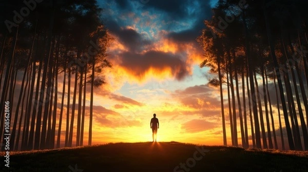 Fototapeta A silhouette of a person stands among trees against a vibrant sunset, with dramatic clouds illuminating the sky in warm colors.