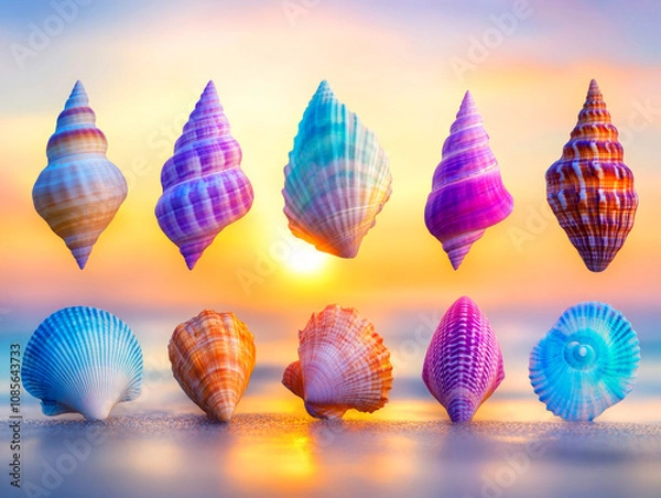 Fototapeta Colorful Shell Collection on Sandy Beach at Sunset, Showcasing Vibrant Patterns and Textures of Various Sea Shells Displayed Creatively by the Ocean Shore