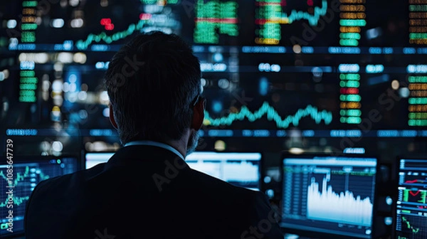 Obraz A focused trader analyzes market data on multiple screens, surrounded by charts and graphs, illustrating a dynamic financial environment.