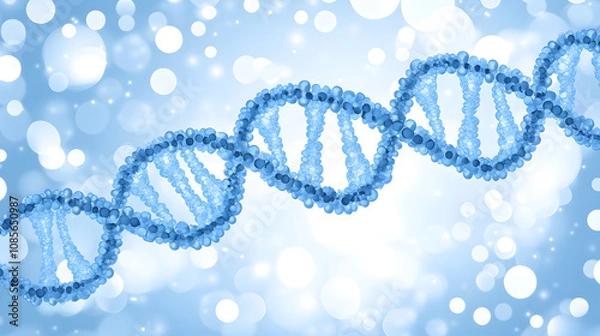 Fototapeta Spiral of Blue DNA double helix with light bokeh and bubble on beautiful blue background.